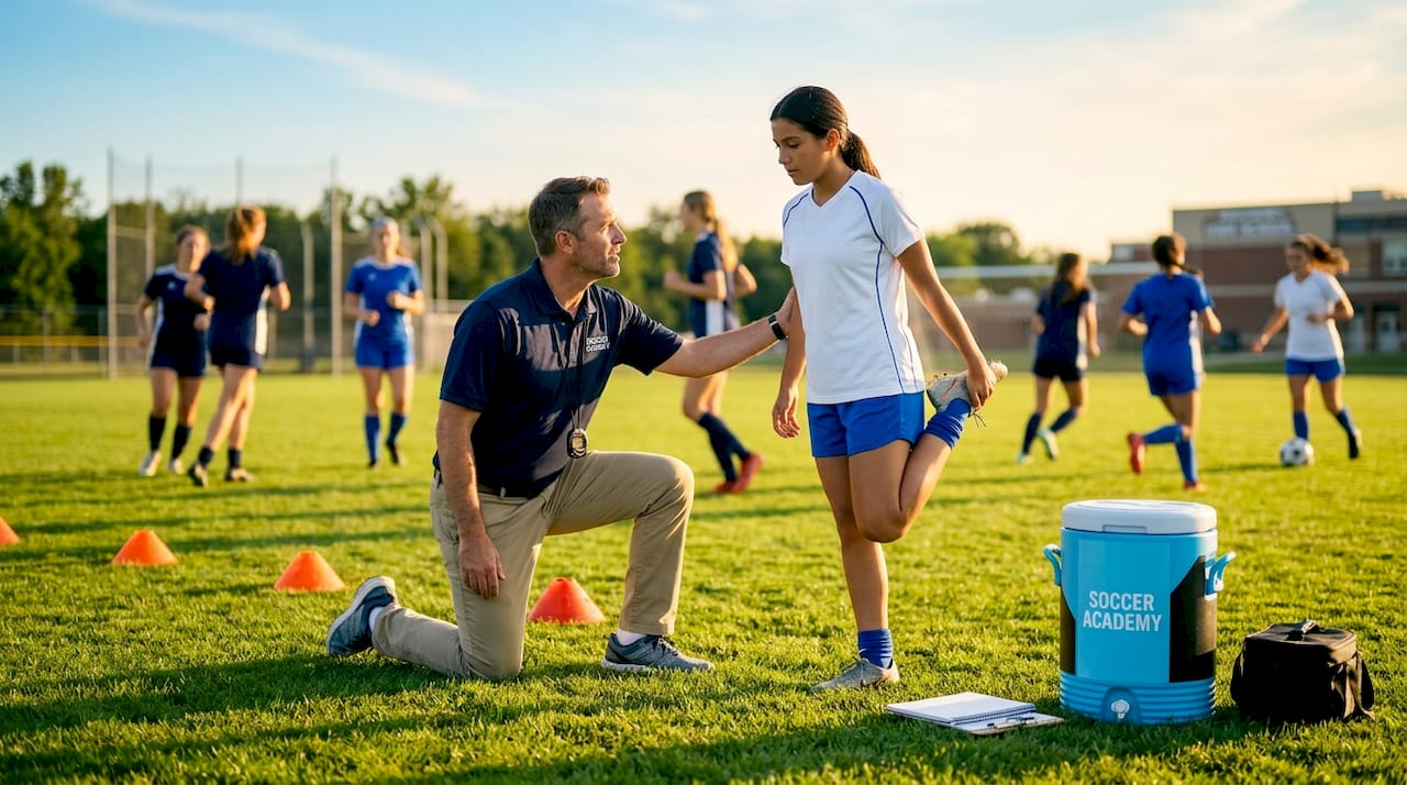 Youth soccer player doing a dynamic stretching exercise while coach observes technique