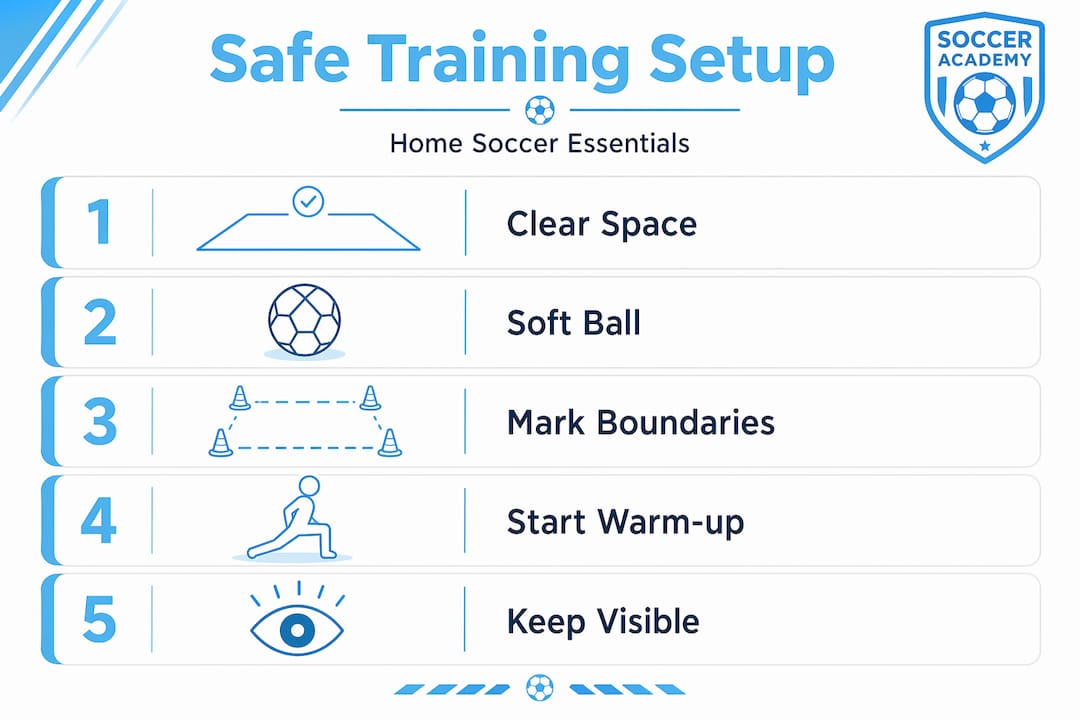 Infographic of safe home soccer training steps for youth players