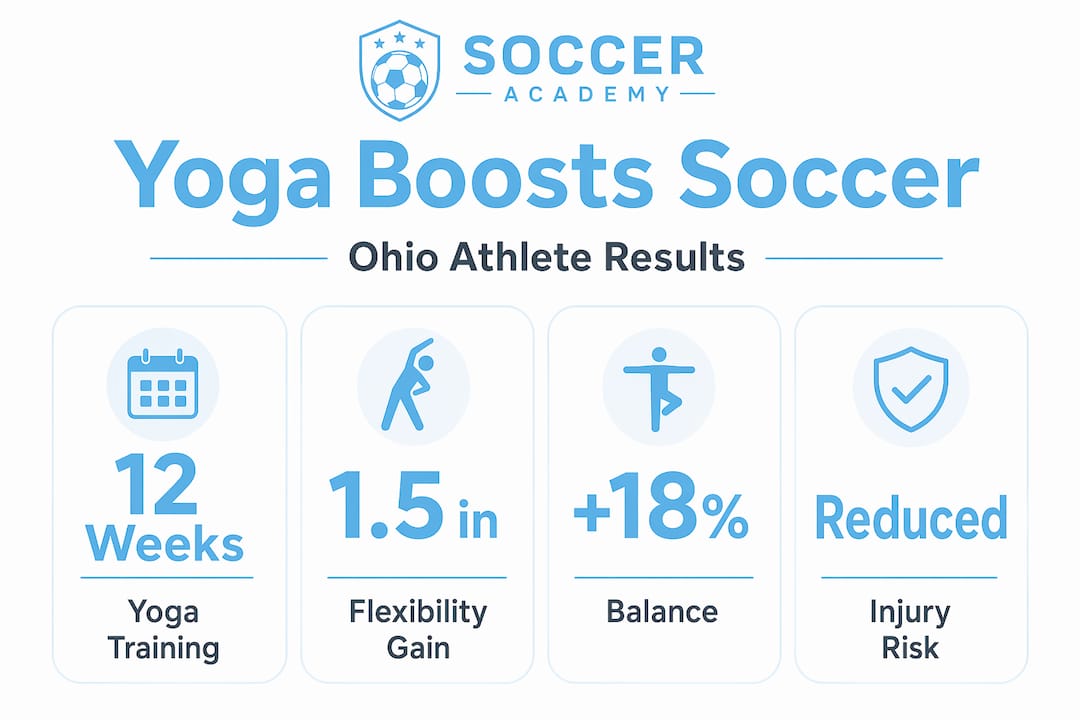 Infographic showing the measurable impact of yoga on youth soccer performance including flexibility, balance, and mental focus improvements