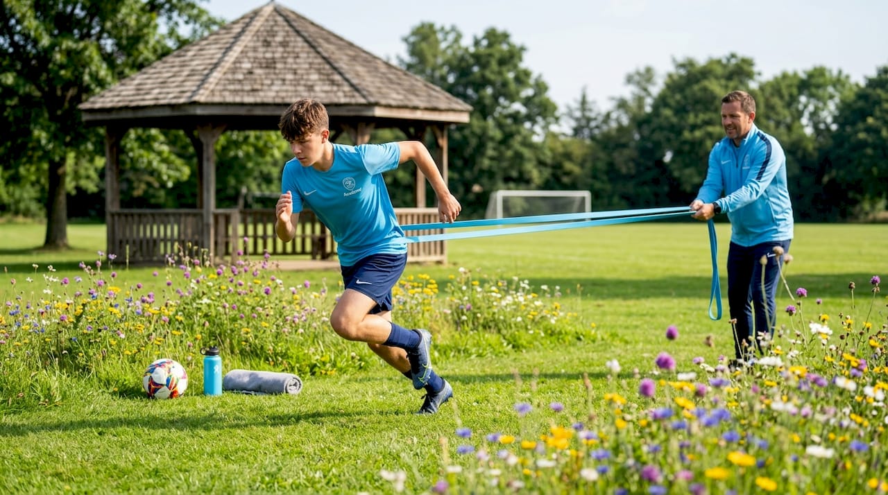 Soccer player sprinting with resistance band in park