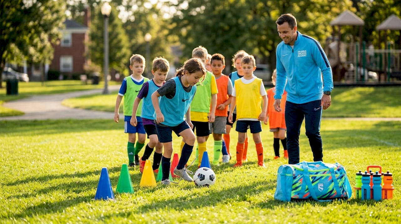 Young children practicing soccer drills outdoors