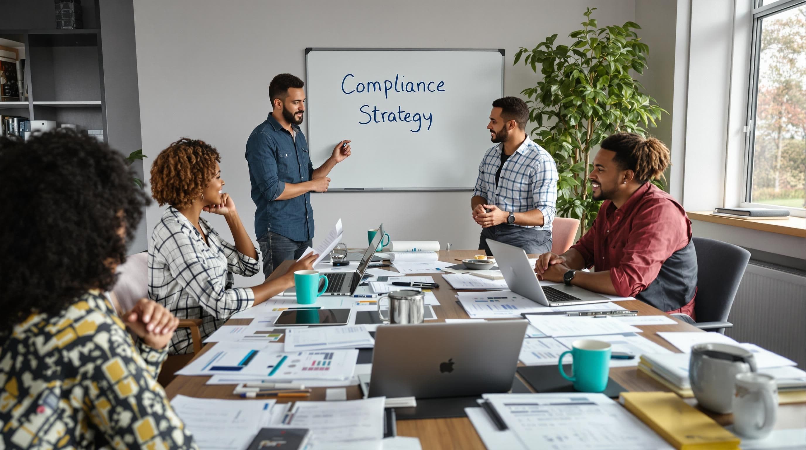Diverse SME team collaborates on import compliance strategy with documents and laptops in a busy office