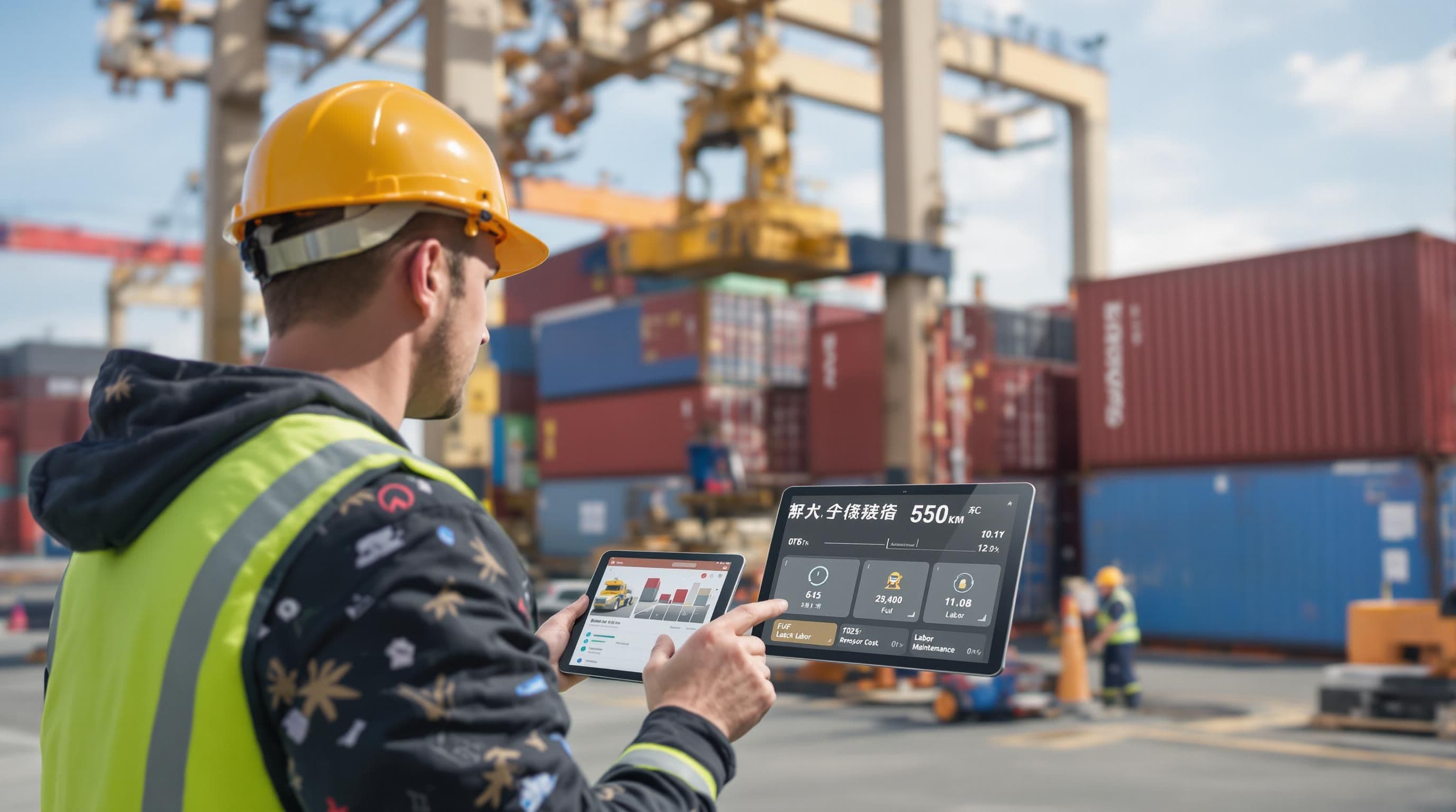 Supervisor reviews transport cost breakdown at active shipping terminal