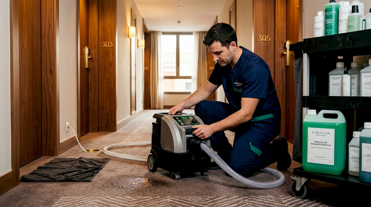 Un empleado limpia la alfombra del pasillo del hotel con una máquina de extracción.
