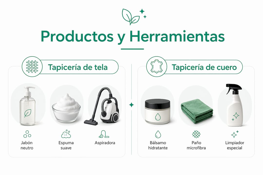 Comparativa visual de productos y herramientas esenciales para tapicería
