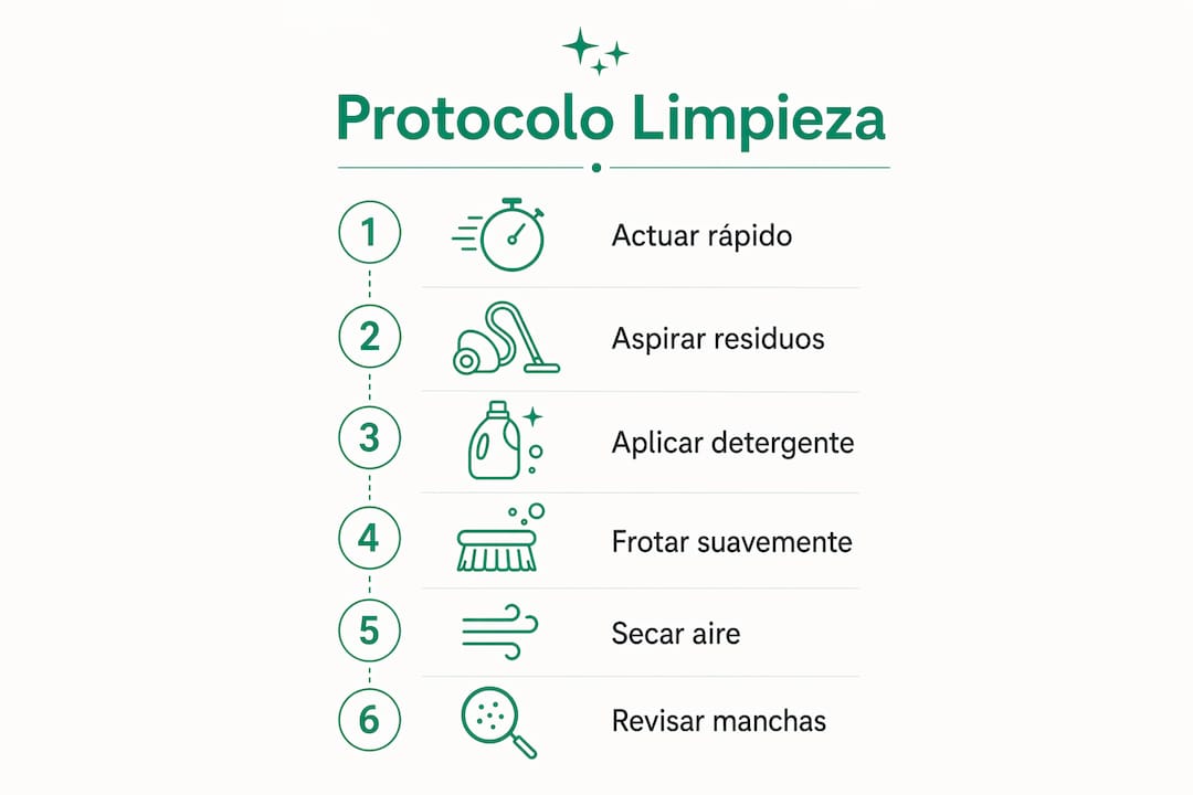 Guía visual con los pasos clave para quitar manchas de la alfombra