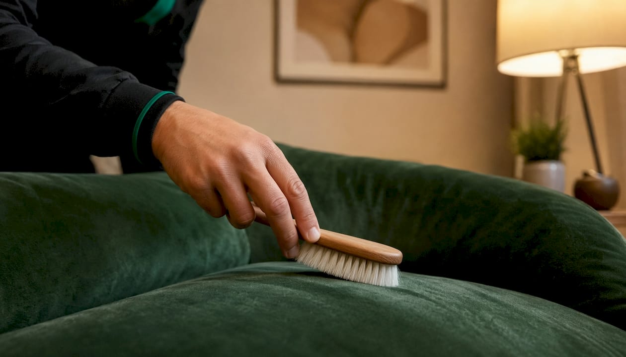 Una mano pasa suavemente sobre el sofá de terciopelo, levantando pequeñas fibras.