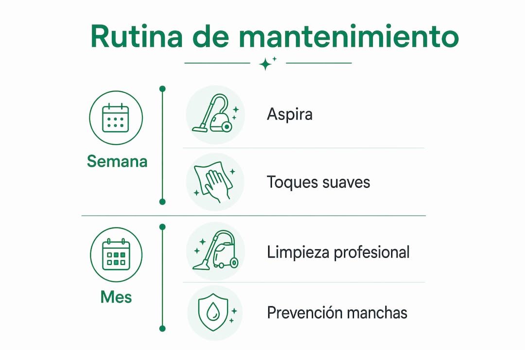 Infografía con los pasos clave para mantener tu sofá de terciopelo impecable, con rutinas de limpieza semanales y mensuales.
