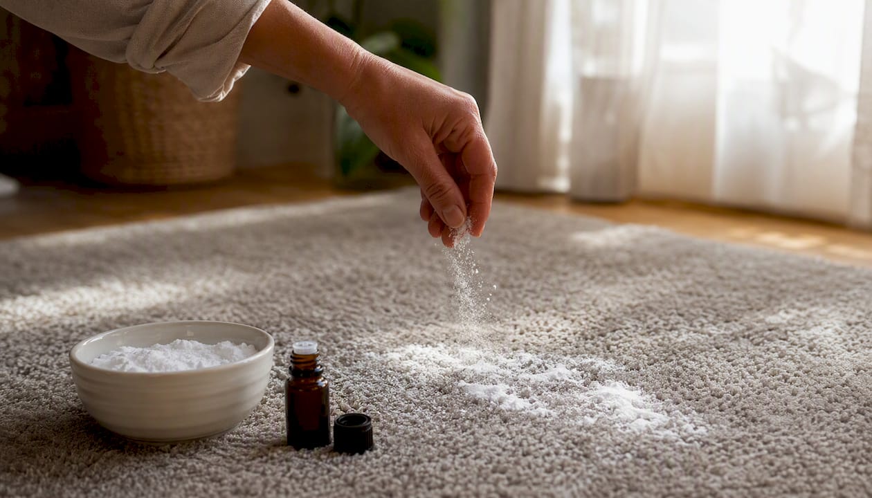 Una mano esparciendo una mezcla de bicarbonato y aceite esencial sobre la alfombra