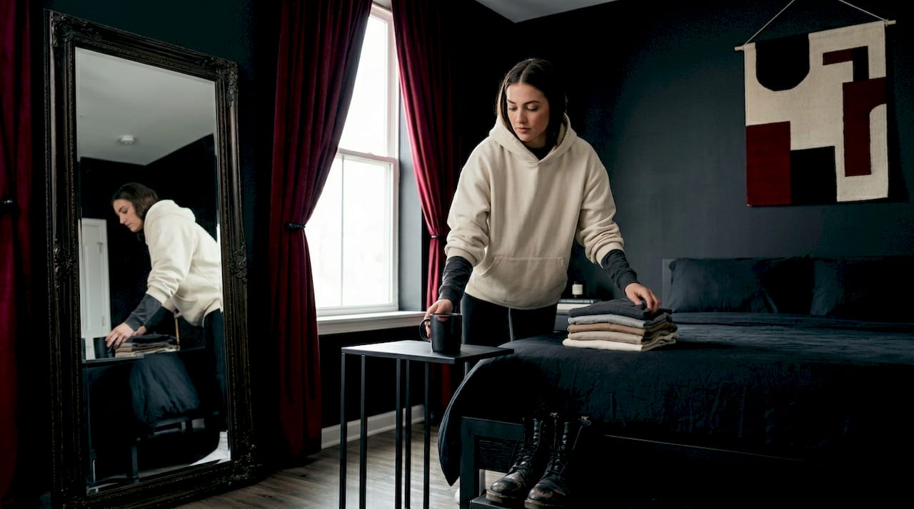 Woman layering minimalist long-sleeve shirt at kitchen table