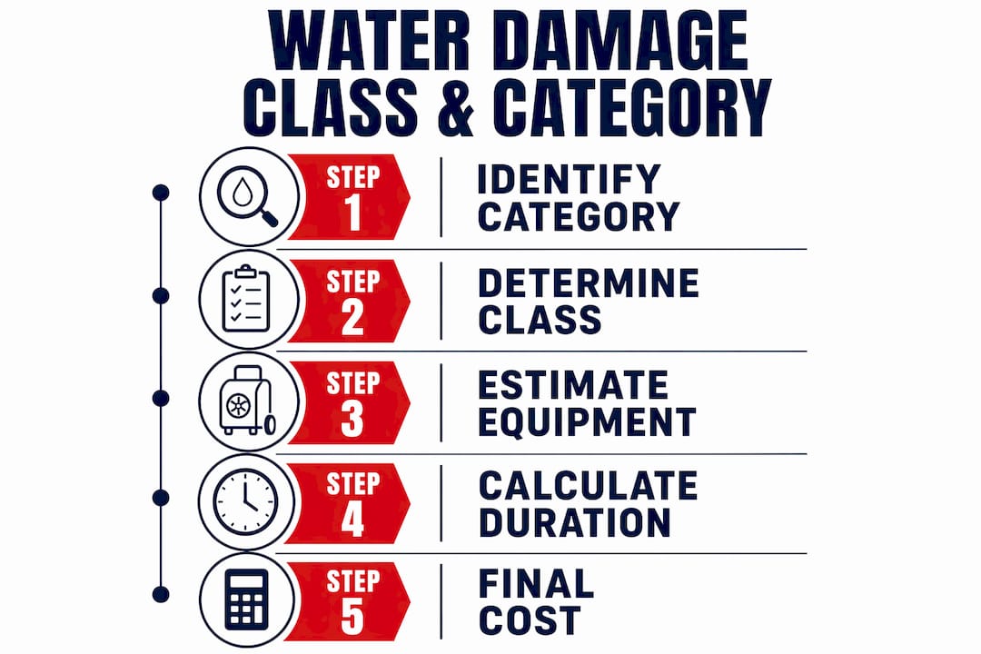 Infographic illustrating water damage categories and classes steps