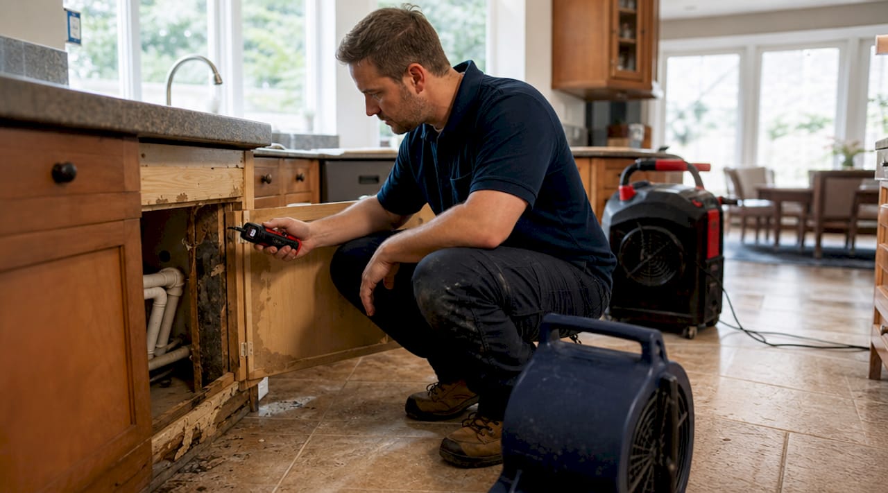 Technician inspecting water damage with moisture meter