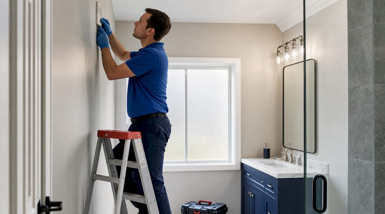 Technician installing humidity sensor in commercial restroom