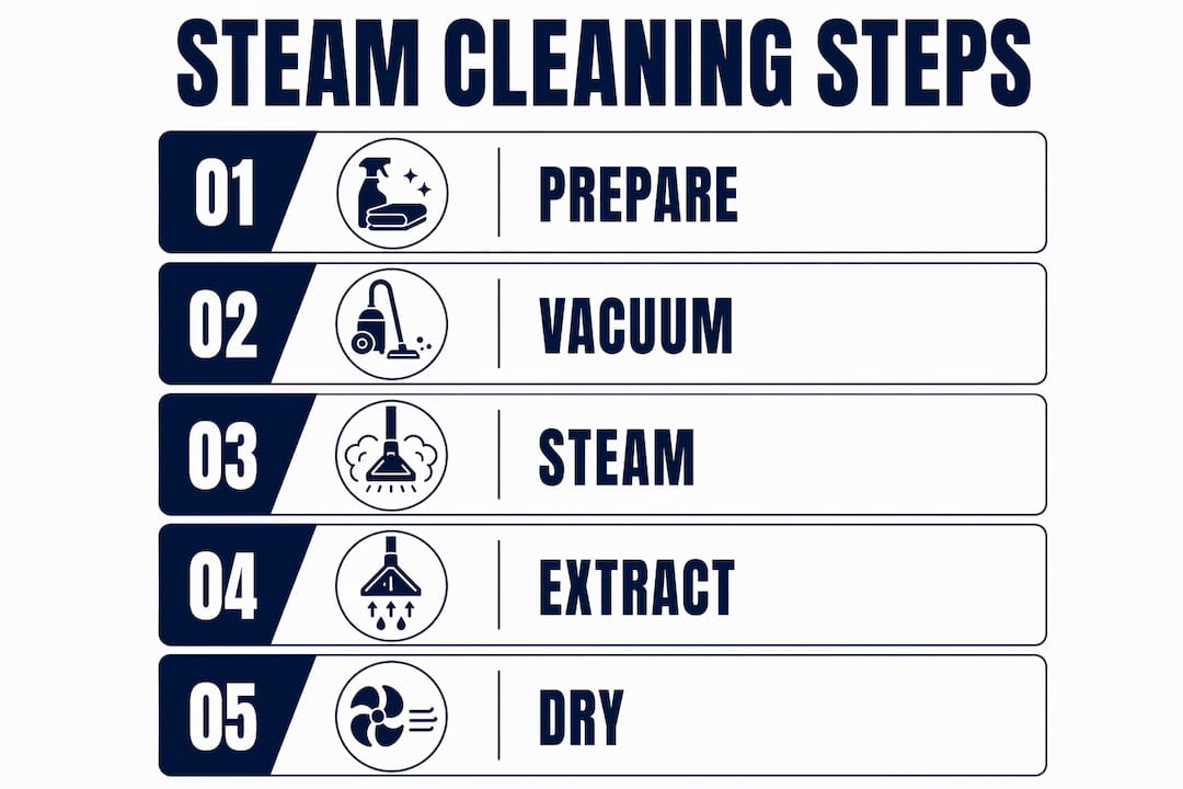 Infographic illustrating steam cleaning steps