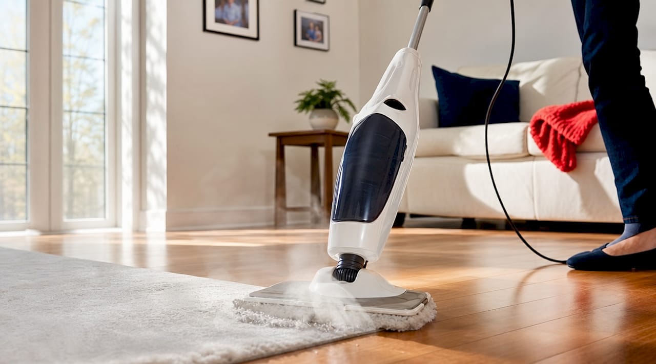 Close-up steam cleaner nozzle on tiled floor
