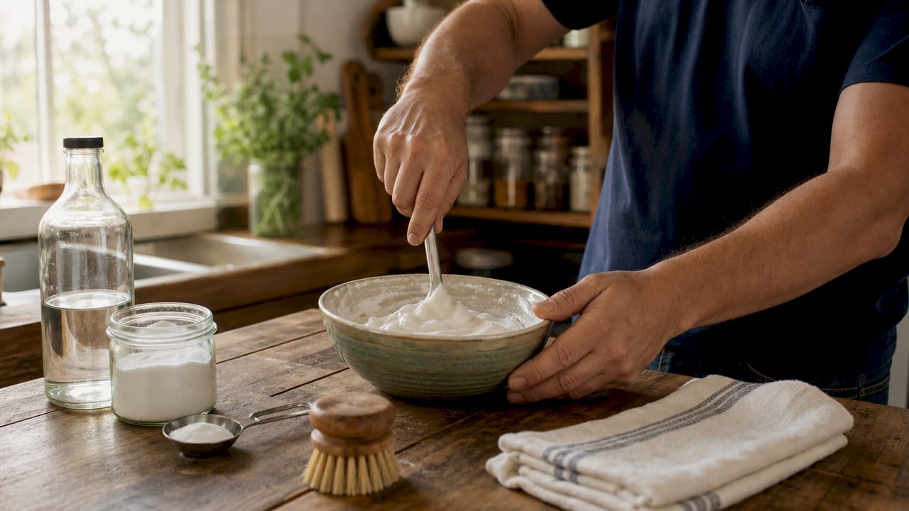 Hands mixing homemade grout cleaning paste