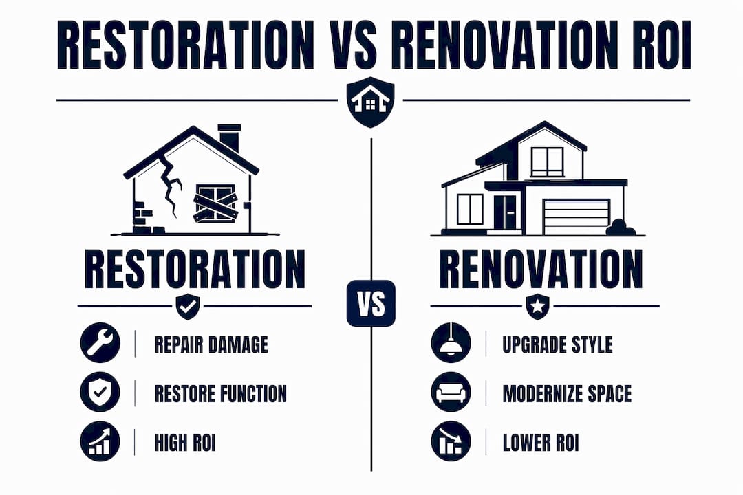 Infographic comparing restoration and renovation ROI