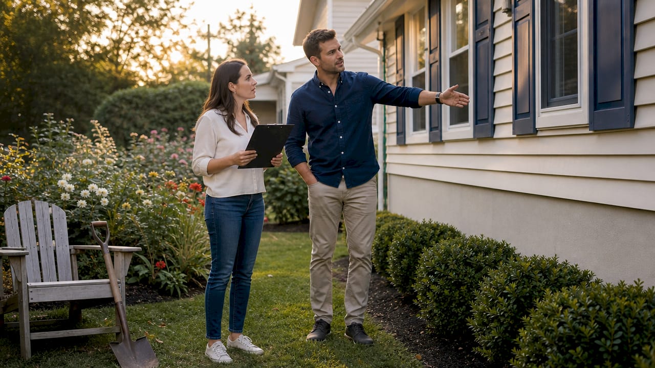 Couple inspecting home exterior before purchase