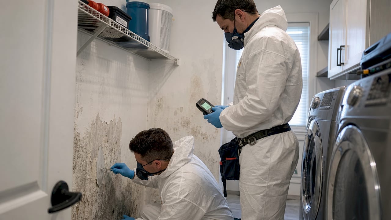 Mold remediation team inspecting basement area