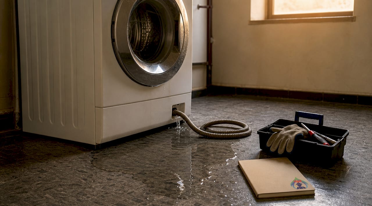 Gray water leaking from washing machine on floor