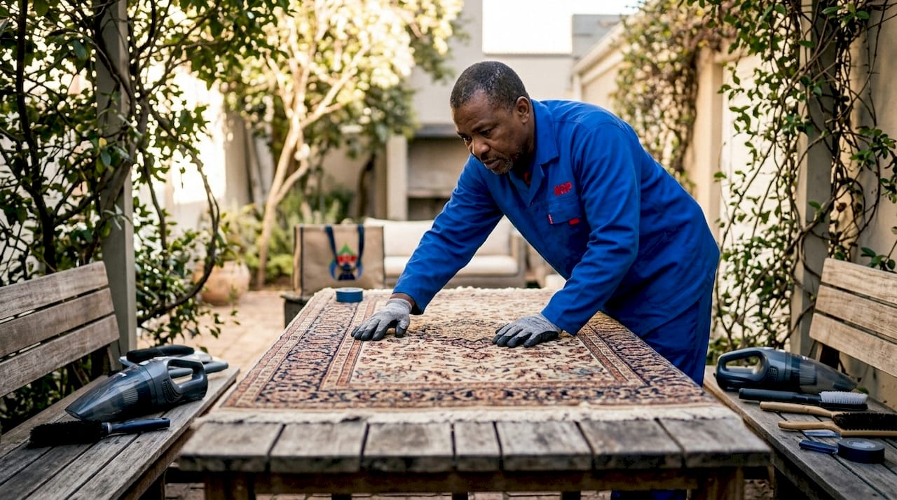 Technician inspecting oriental rug in workshop