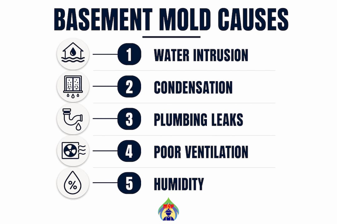 Infographic showing steps of basement mold causes