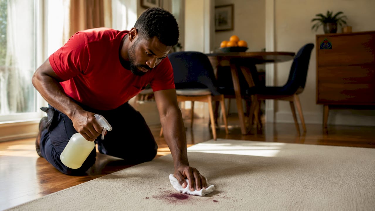 Hands blotting carpet stain with cleaner