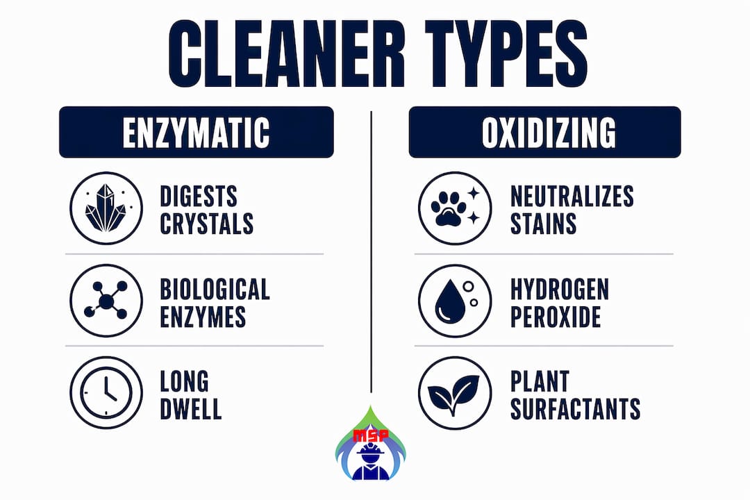 Infographic comparing enzymatic and oxidizing pet odor cleaners