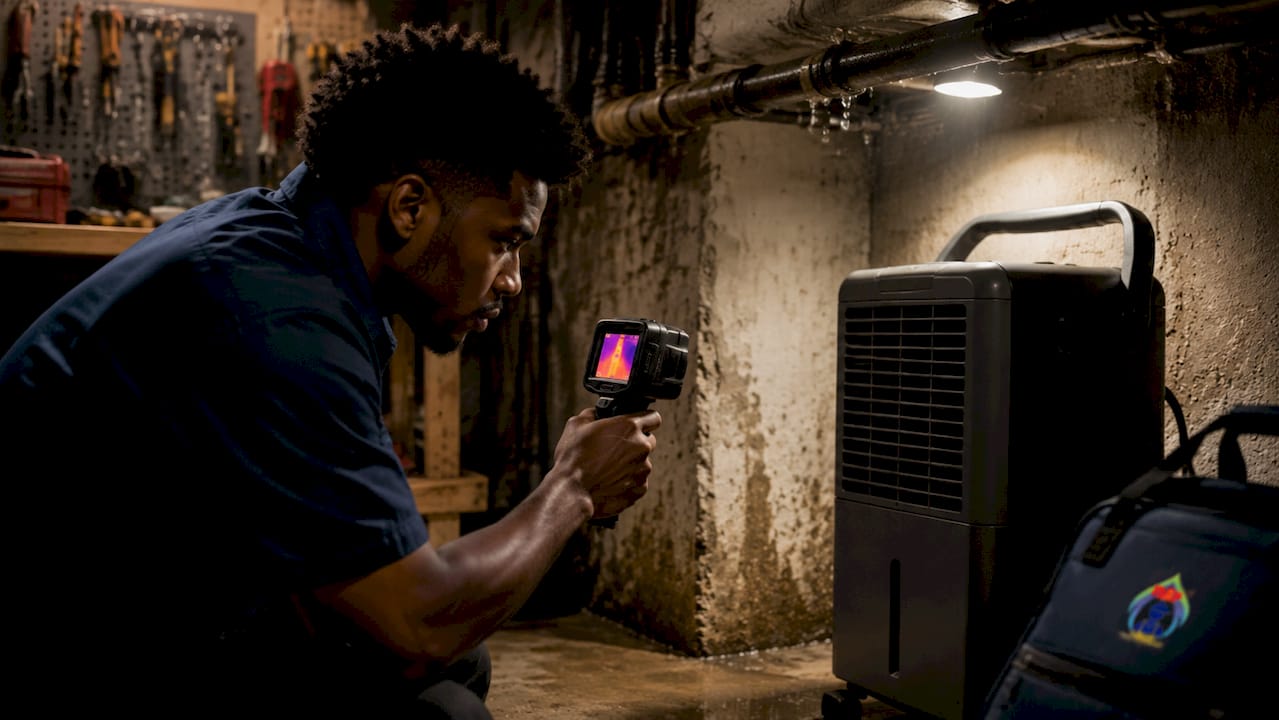 Technician performing thermal mold check in basement