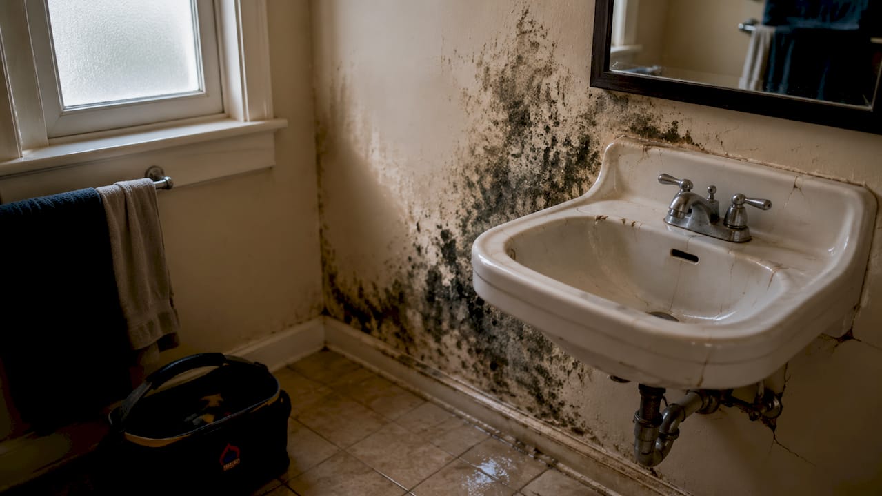Close-up of mold growth on water damaged drywall corner
