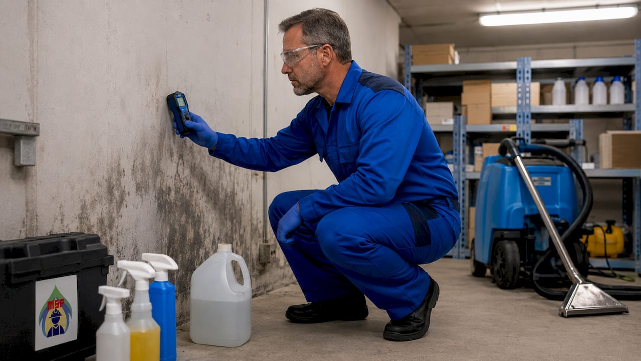 Mold professional inspecting basement wall