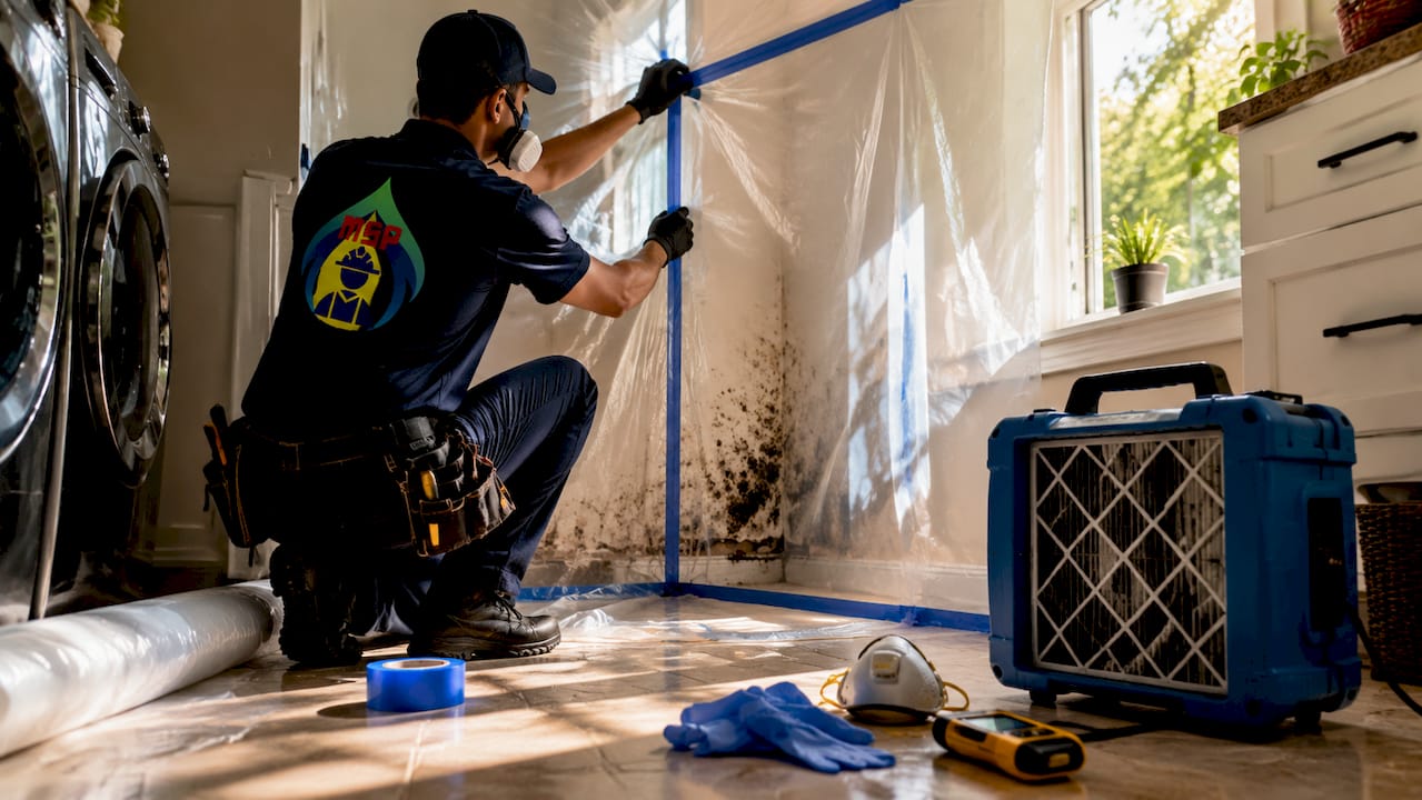 Technician installing mold containment barrier plastic sheeting