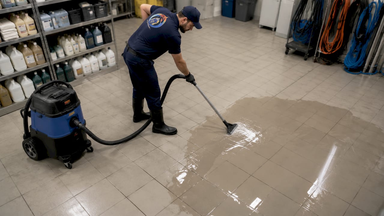 Technician operating water extraction equipment indoors
