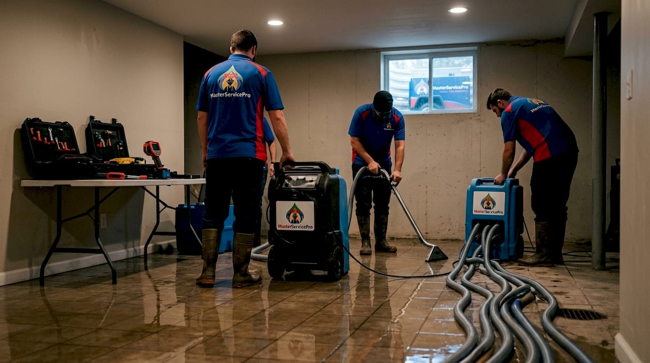 Crew using portable water extraction equipment indoors