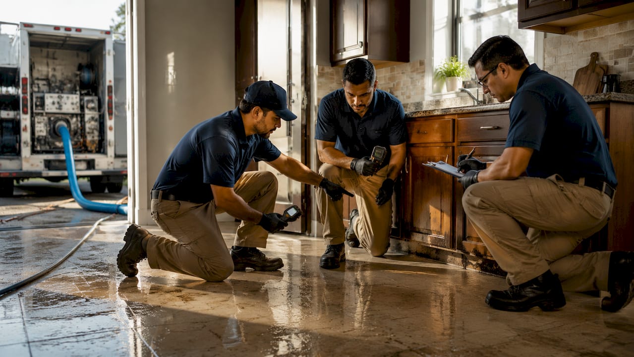 Restoration crew inspecting water damage with professional equipment