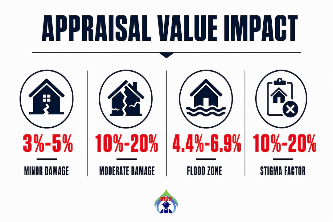 Infographic showing water damage appraisal value reductions