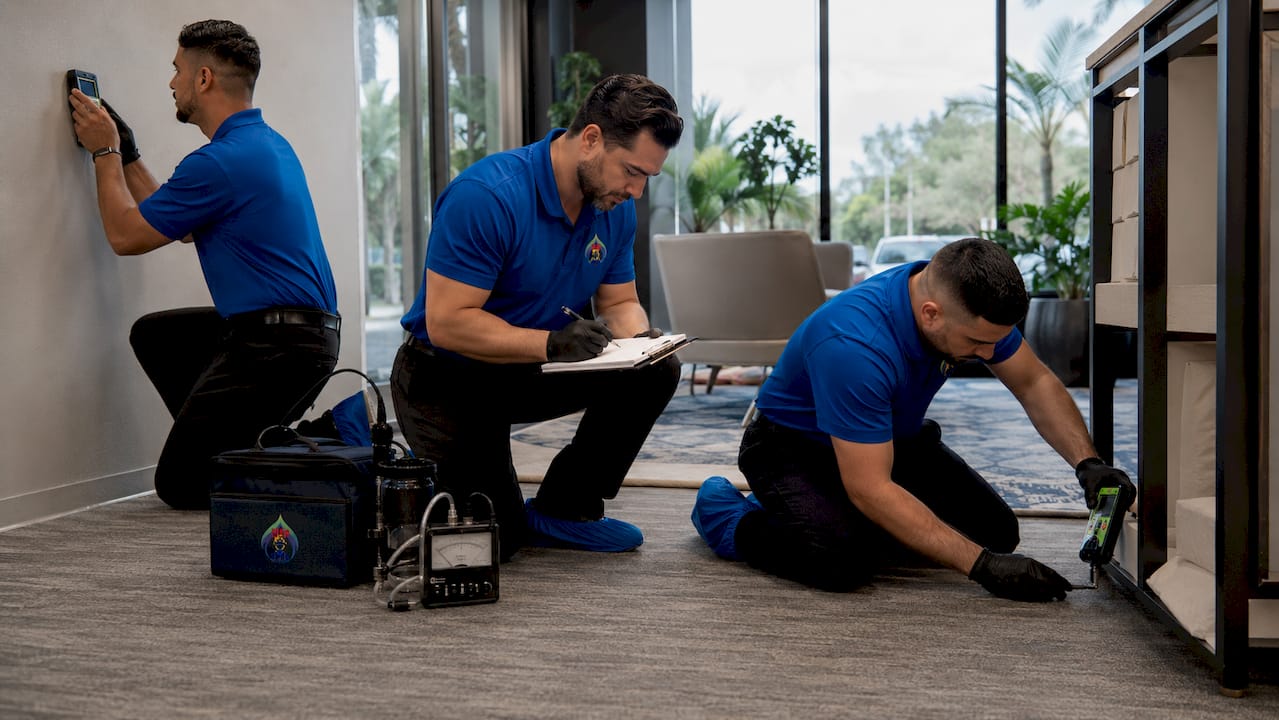 Technicians assessing water damage inside commercial office