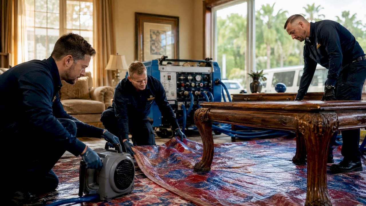 Crew drying water-damaged wooden furniture indoors