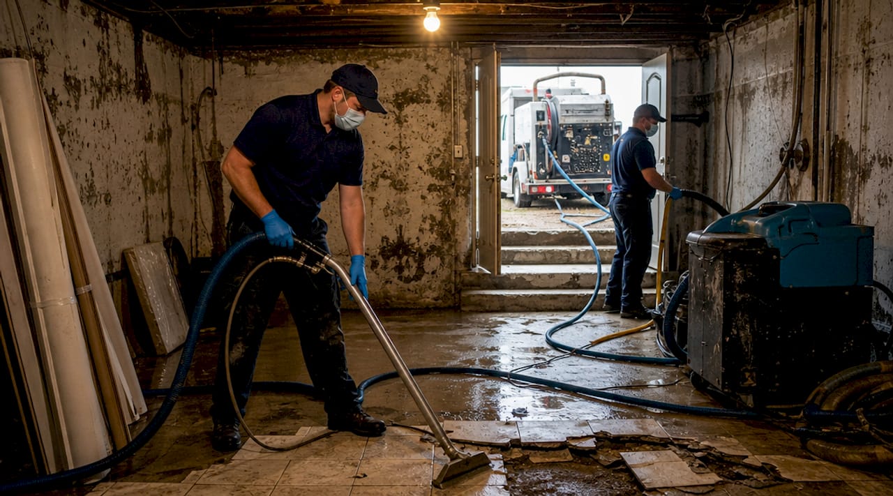 Crew using truck-mounted mold extraction equipment indoors