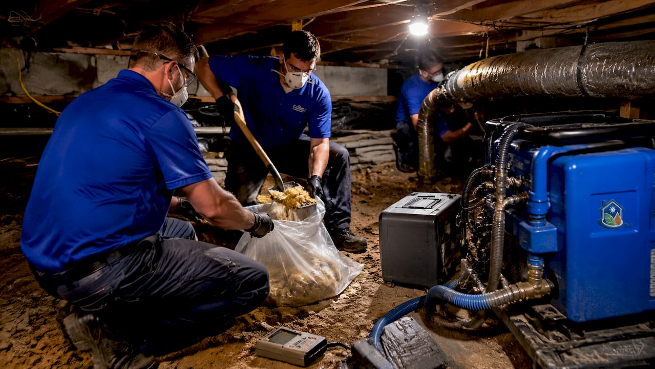 Technicians removing mold-affected materials with equipment
