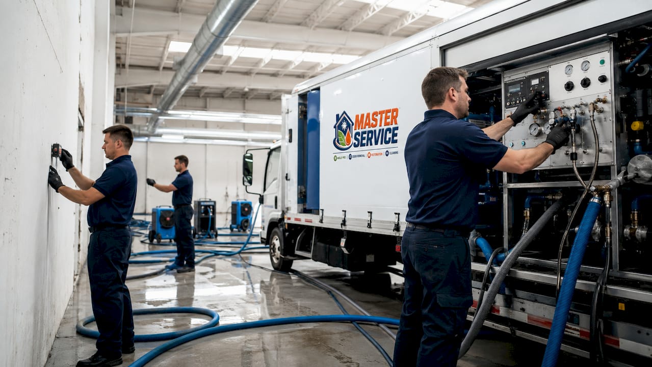 Crew performing mold remediation with truck-mounted equipment