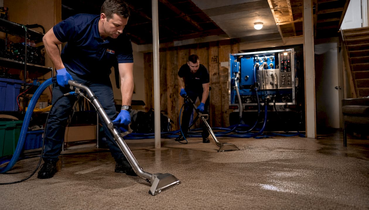 Technicians extracting water from carpet indoors