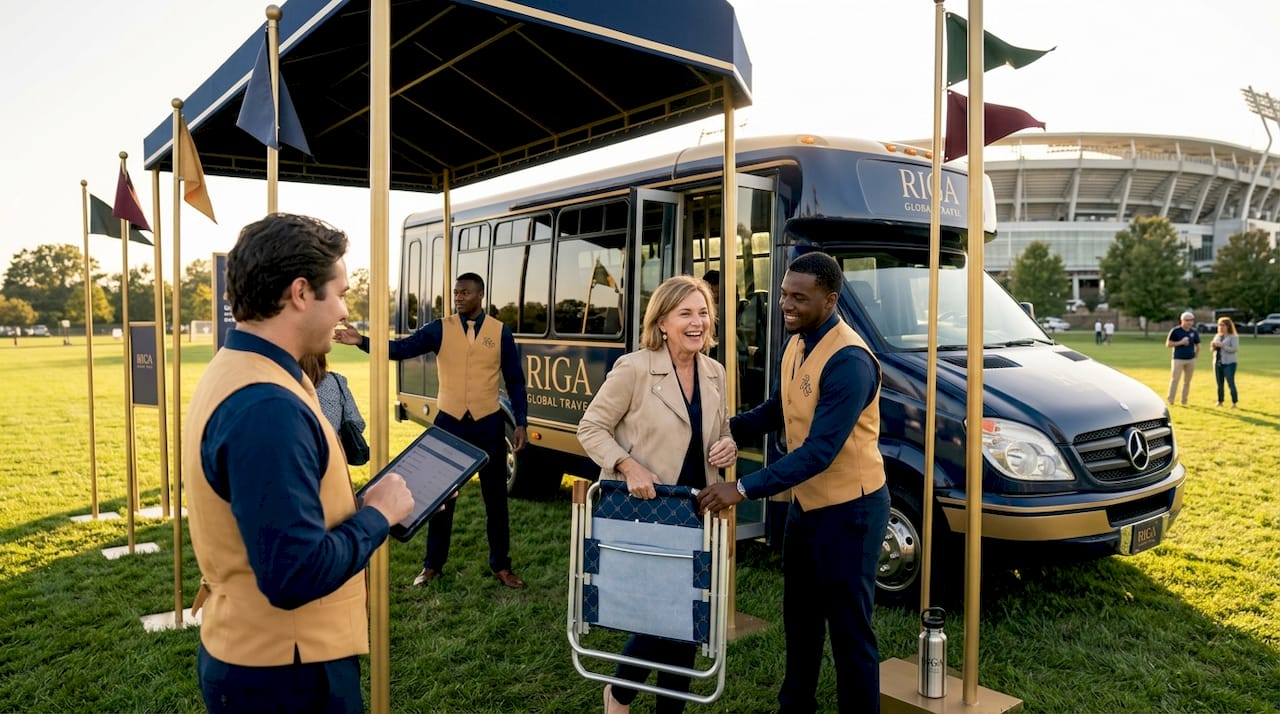Guests boarding shuttle with event staff assistance