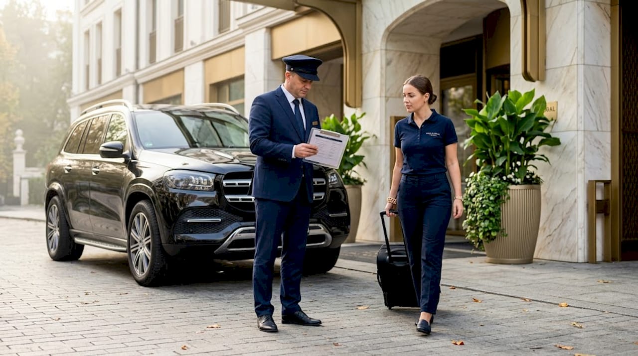 Chauffeur reviews itinerary outside sports team hotel