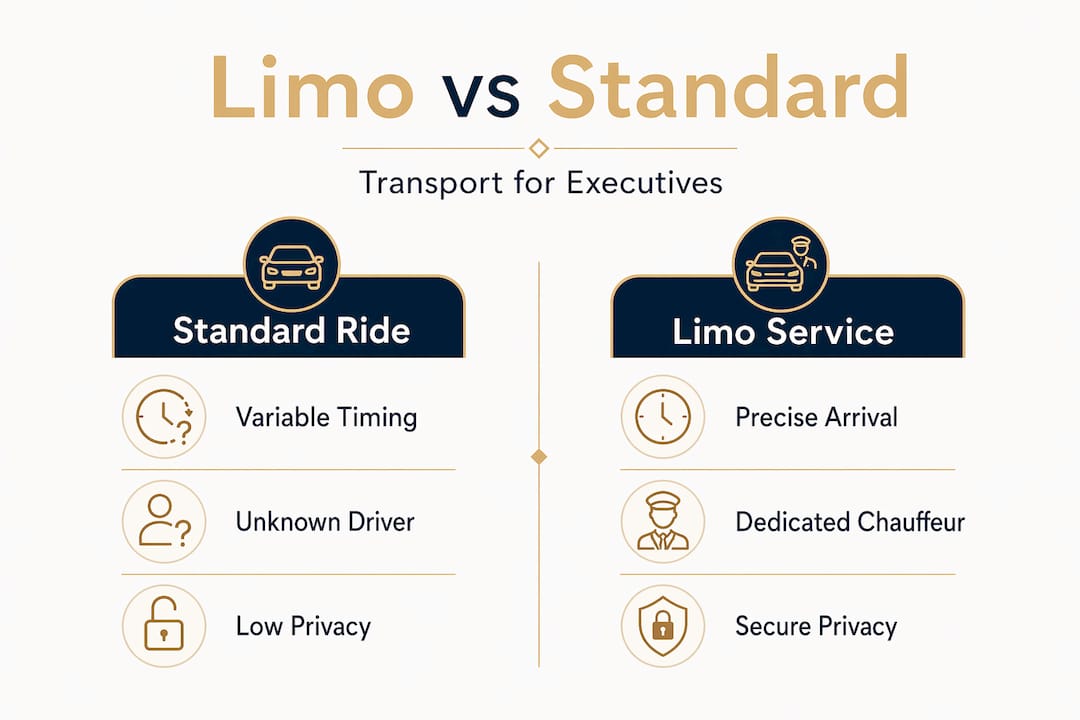 Infographic comparing limo and standard transport for executives