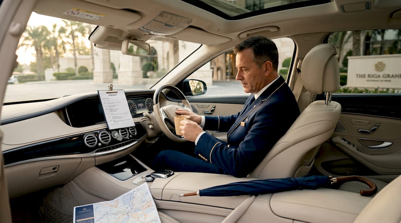 Chauffeur planning route in luxury sedan