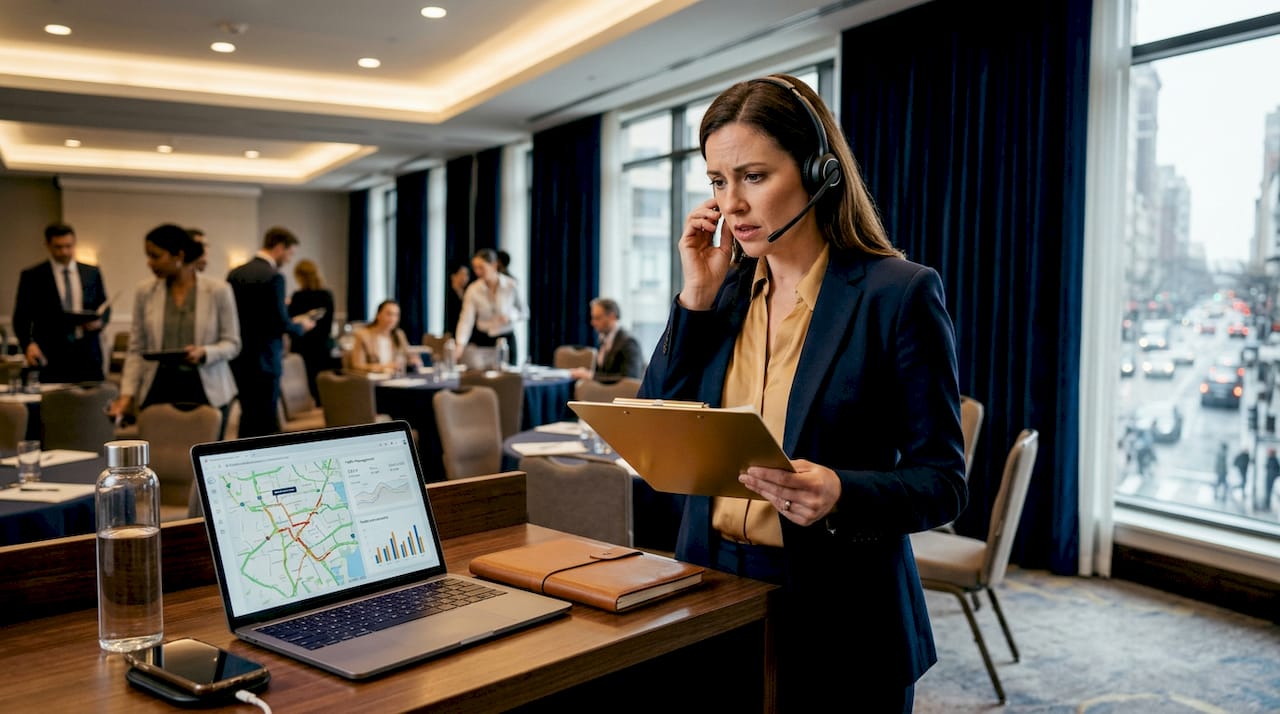 Event coordinator managing transport logistics tent