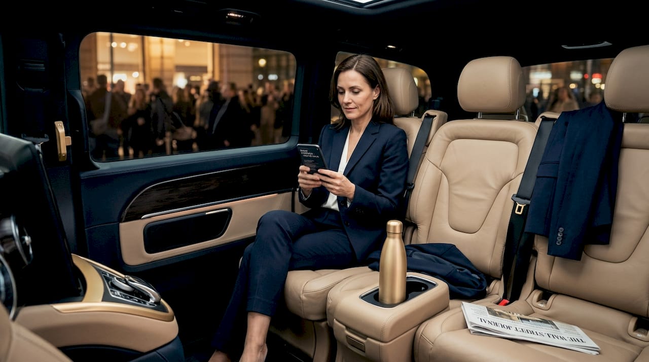 Passenger in executive car reading event program