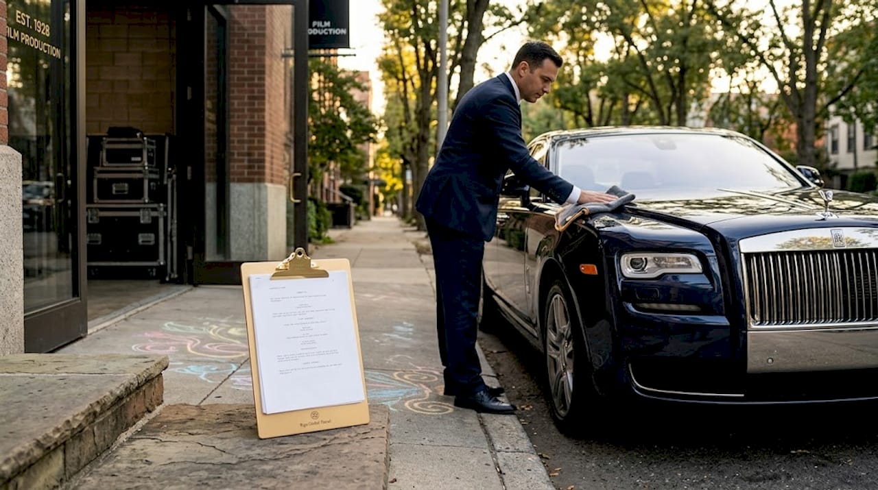 Chauffeur polishes Rolls-Royce for film scene