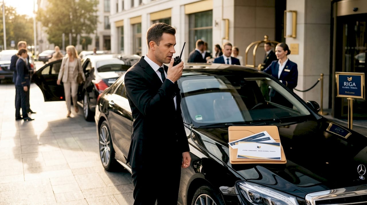 Chauffeur using radio in event staging area